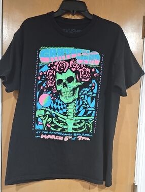 Liquid Blue Black Graphic Tee with Neon Green, Pink & Blue Skeleton Design